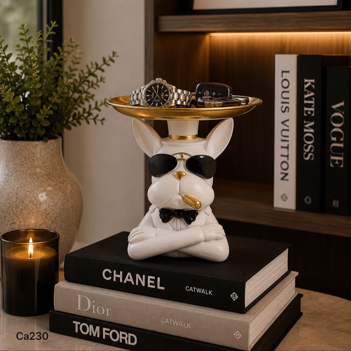 Articulo decorativo perro blanco bandeja en la cabeza 17cm* 10cm* 18cm